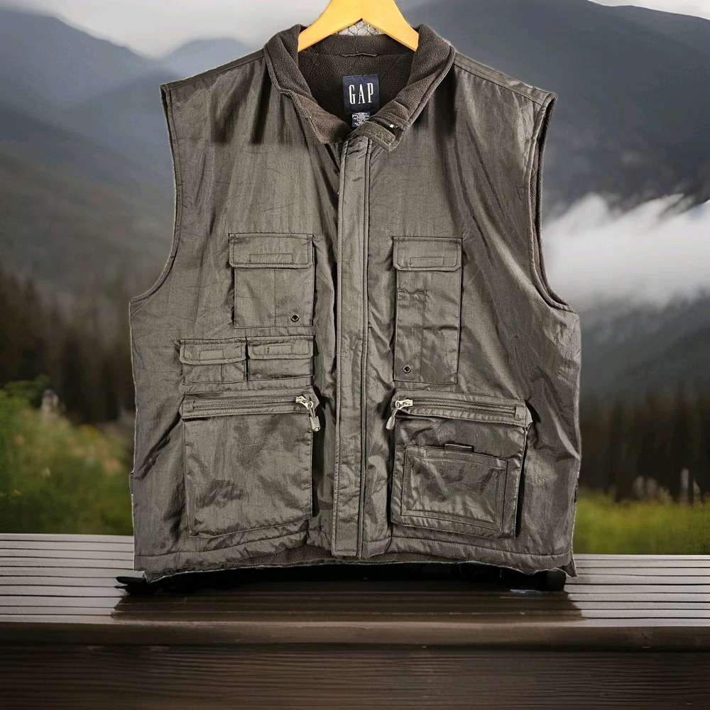 Vintage GAP‎ Vest Mens XXL Black Fleece Lined Utility Multi Pocket Full Zip